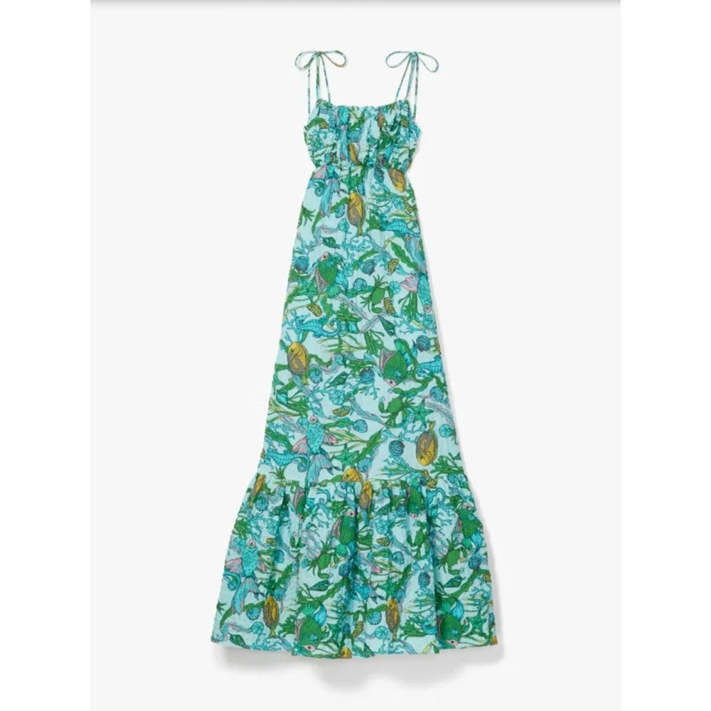 Kate Spade Womens Under the Sea Fish Print Maxi Dress Size S Resortwear Beach